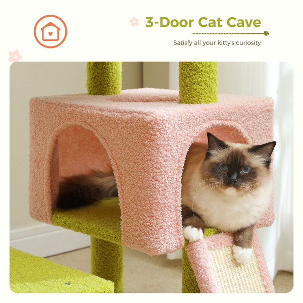 Flower Cat Tree47.2"Multi-Level Cat Tower with Sisal Covered Scratching Posts,Cute Cat Condo for Indoor Small Medium Cats,Pink Top Perch,Ramp,Fluffy Ball,Green(Banned shein,unable to ship on weekends)