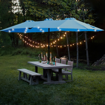 15x9ft Large Double-Sided Rectangular Outdoor Twin Patio Market Umbrella with light and base- blue [Weekend can not be shipped, order with caution]