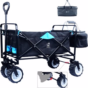 Collapsible Heavy Duty Beach Wagon Cart All Terrain Beach Wheels Large Capacity Outdoor Folding Utility Camping Garden Cart Brake & Aluminum Frame Cooler Bag for Beach Camping Shopping (black＆blue）