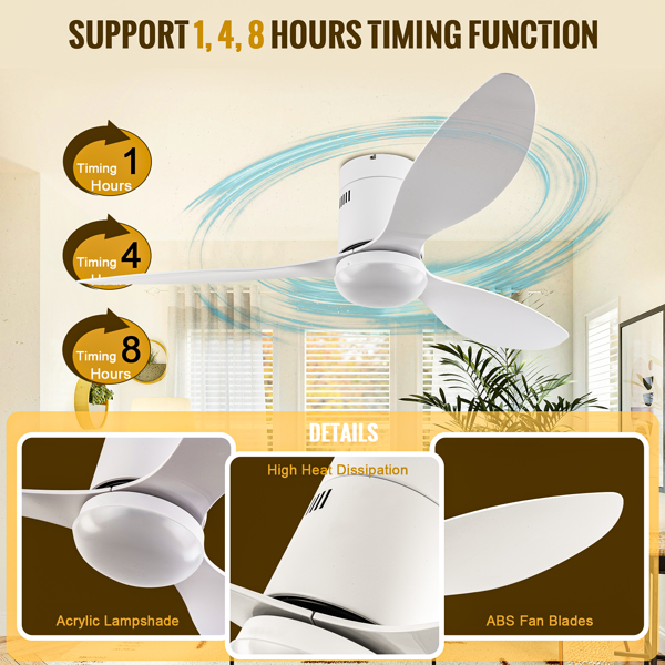 52 Inch Ceiling Fans with Lights, 6 Speed Reversible Noiseless Fan Light DC Motor, Indoor and Outdoor LED Ceiling Fan, Low Profile Ceiling Fan with Remote Control (White)