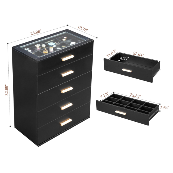 [FCH] black pitted particleboard with triamine coating, tempered glass 66*35*83cm, visible side of cabinet, five drawers, drawer cabinet with RGB light