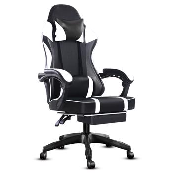 Video Game Chairs for Adults, PU Leather Gaming Chair with Footrest, 360°Swivel Adjustable Lumbar Pillow Gamer Chair, Comfortable Computer Chair for Heavy People, White