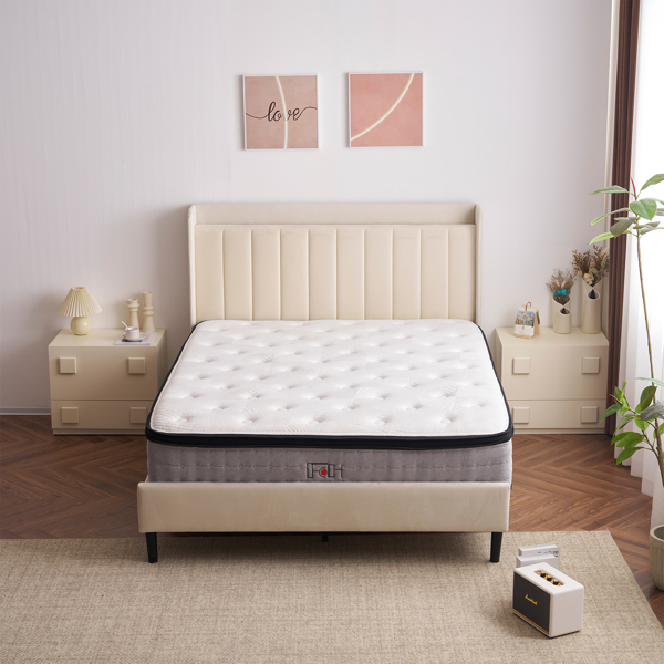 Full Size Velvet Bed Frame with Charging Station and Storage Shelf, Upholstered Platform Bed with Vertical Channel Tufted Wingback Headboard, No Box Spring Needed, Easy Assembly, Off-white