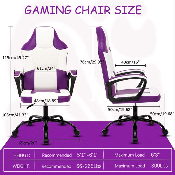 Video Game Chair for Adults, Gaming Chair Office Chair with Handrail, Adjustable Height Gamer Chair for Kids, Comfortable Computer Chair with Wheels, Purple