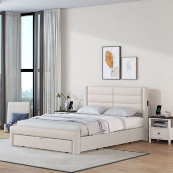 Queen Size Bed Frame with Drawer Storage, Leather Upholstered Platform Bed with Charging Station