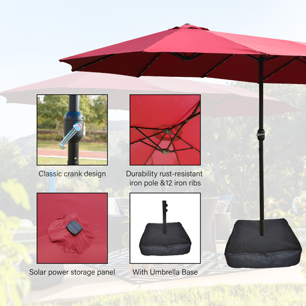 15x9ft Large Double-Sided Rectangular Outdoor Twin Patio Market Umbrella with light and base- red [Sale to Temu is Banned.Weekend can not be shipped, order with caution]