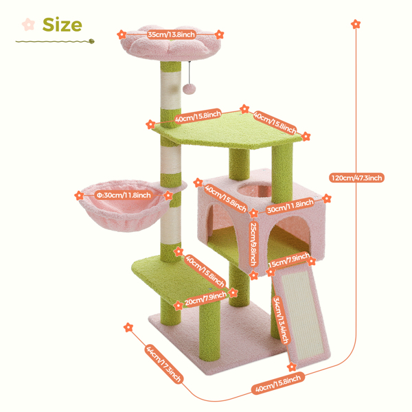 Flower Cat Tree47.2"Multi-Level Cat Tower with Sisal Covered Scratching Posts,Cute Cat Condo for Indoor Small Medium Cats,Pink Top Perch,Ramp,Fluffy Ball,Green(Banned shein,unable to ship on weekends)