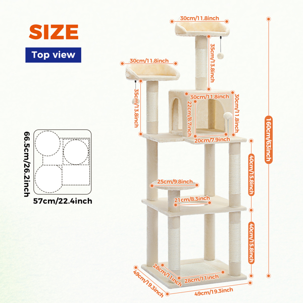 63'' Multi-Level Cat Tree Cat Tower for Indoor Cats with Sisal-Covered Scratching Post, Cozy Cat Condo, Cat Hammock and Wide Top Perch, Beige(Banned shein,unable to ship on weekends)