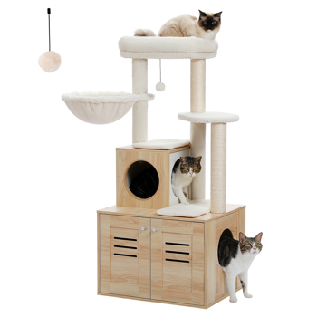 50\\" Modern Cat Tree for Large with Cat Condo, Wooden Cat Furniture with Large Hammock and Top Perch Beige(Banned shein,unable to ship on weekends)