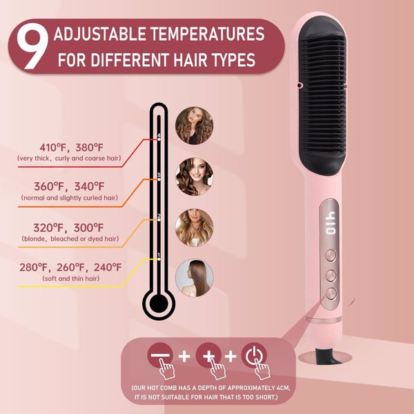 Negative Ionic Hair Straightener Brush with 9 Temp Settings, 30s Fast Heating, Hair Straightening Comb with LED Display, Anti-Scald & Auto-Shut Off Hair Straightening Iron (Pink)