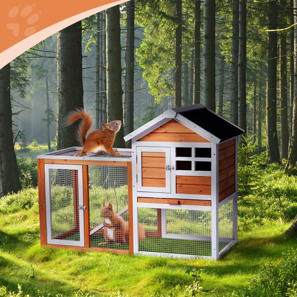 Wooden Rabbit Hutch Outdoor Chicken Coop Indoor Bunny Cage with Run, Guinea Pig House Pet House with Pull Out Upper Tray, Orange