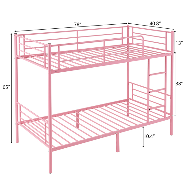 Twin Over Twin Bunk Bed for Kids Teens Adults, Heavy Duty Metal Bunk Bed with Ladder & Full-Length Guard Rail & Storage Space, Pink