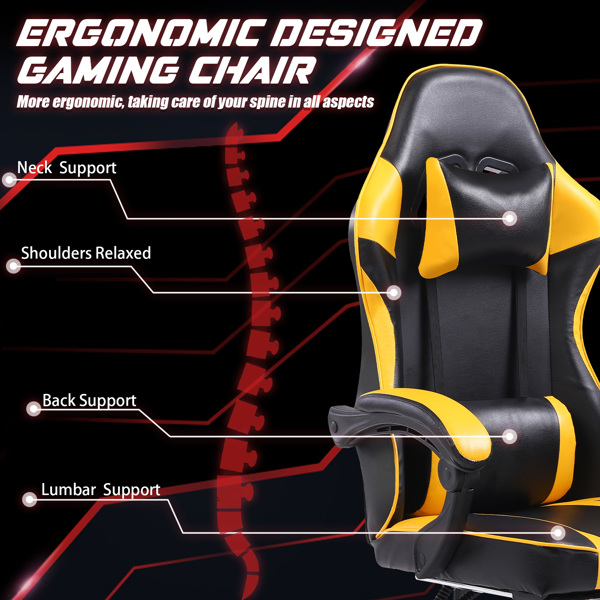 Video Game Chairs for Adults, PU Leather Gaming Chair with Footrest, 360°Swivel Adjustable Lumbar Pillow Gamer Chair, Comfortable Computer Chair for Heavy People, Yellow