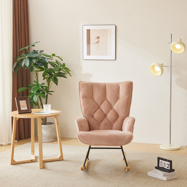 Rocking Chair Nursery, Upholstered Glider Rocker with High Backrest, Stylish Modern Rocking Accent Chair Glider Recliner for Living Room Nursery Bedroom, Pink