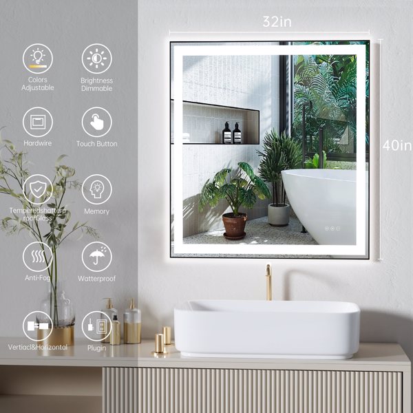 40 * 32 LED Bathroom Mirror LED Mirror Bathroom Mirror with Lights Bedroom LED Vanity Mirror Makeup Mirror Dimmable Anti-Fog Wall Mounted Birthday Gift Room Decor