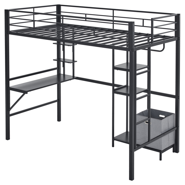 Twin Size Metal Loft Bed with Desk and Storage Shelves, Full-length Guardrails, Loft Bed Frame for Teens Juniors Adults, Noise Free, No Box Spring Needed, Black