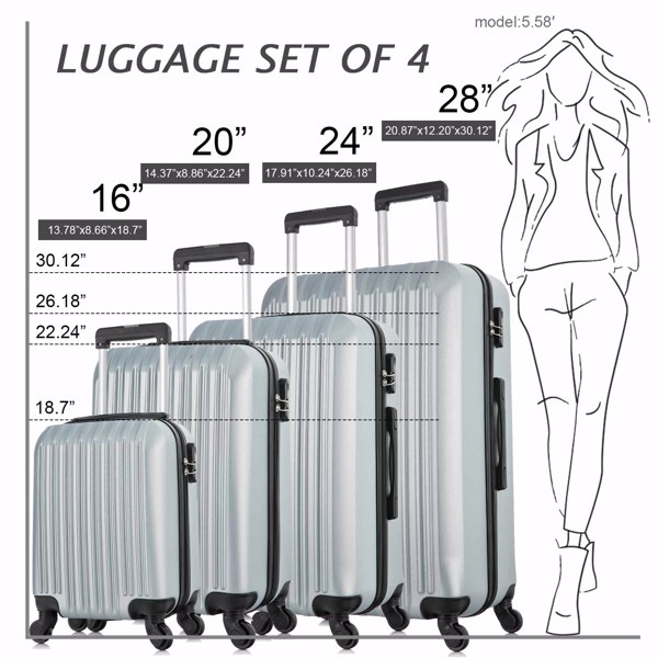 4 Piece Set Luggage Sets Suitcase ABS Hardshell Lightweight Spinner Wheels (16/20/24/28 inch) silver white