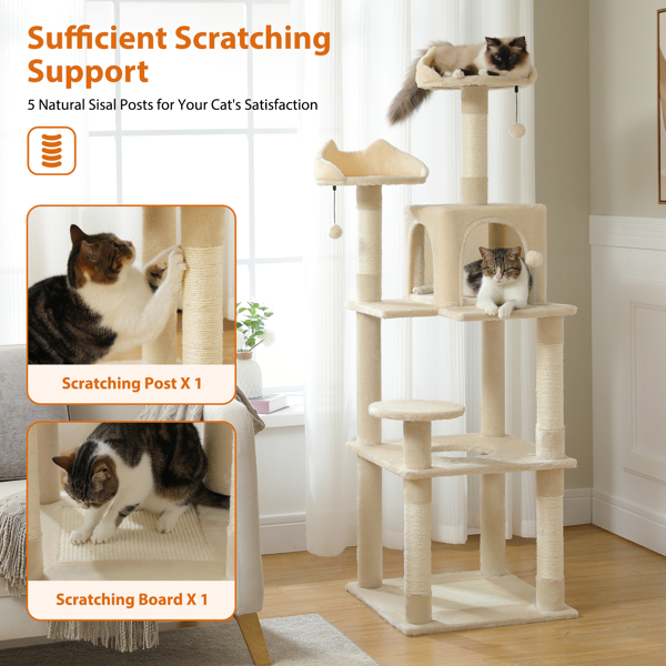 63'' Multi-Level Cat Tree Cat Tower for Indoor Cats with Sisal-Covered Scratching Post, Cozy Cat Condo, Cat Hammock and Wide Top Perch, Beige(Banned shein,unable to ship on weekends)