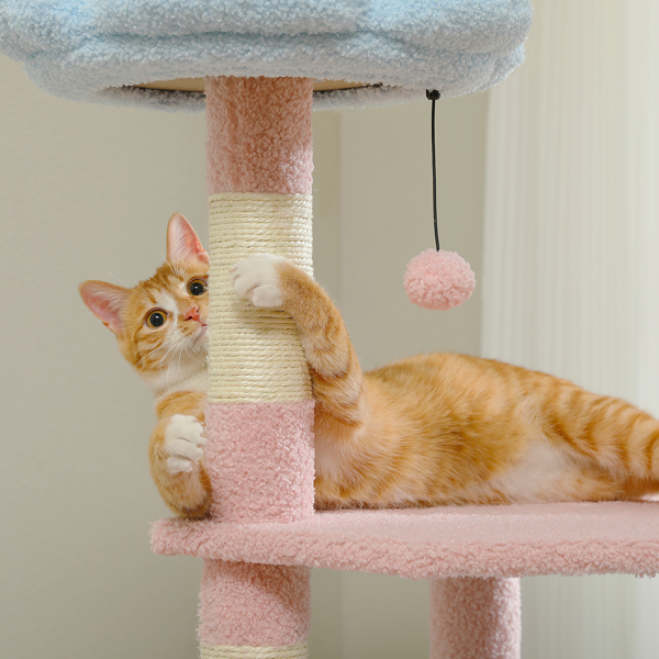  Flower Cat Tree 47.2" Multi-Level Cat Tower with Sisal Covered Scratching Posts, Cute Cat Condo for Indoor Small Medium Cats, Pink Top Perch, Ramp, Fluffy Ball, Blue 