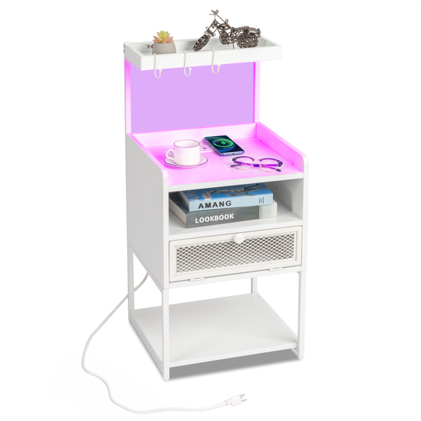 FCH White Wood Steel 1 Drawer Shelf LED Light Strips Nightstand With Socket With Charging Station & USB Ports Bed Table