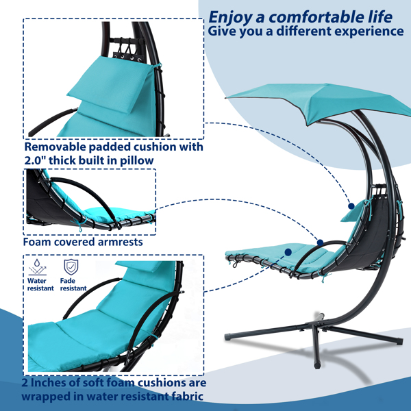 53.15 in. Outdoor Teal Hanging Curved Lounge Chair Steel Hammocks Chaise Swing with Built-In Pillow and Removable Canopy
