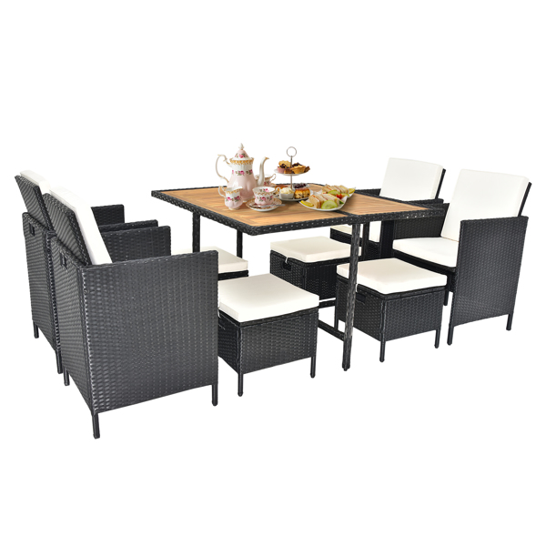 9 Piece Acacia Wood Patio Dining Set, Space Saving Wicker Chairs with Soft Cushions and Wood Table, Outdoor Furniture Set for Garden Yard Poolside, Black