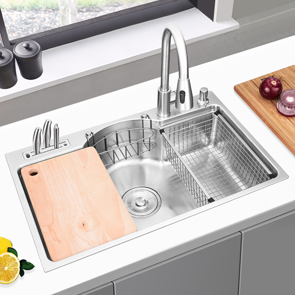 Drop-in Kitchen Sink Single Bowl with 2 Holes, 304 Stainless Steel Workstation Kitchen Sink with Knife Holder