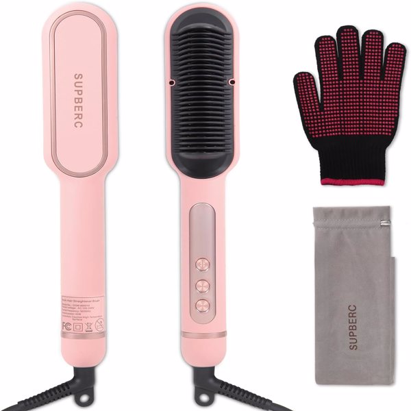 Negative Ionic Hair Straightener Brush with 9 Temp Settings, 30s Fast Heating, Hair Straightening Comb with LED Display, Anti-Scald & Auto-Shut Off Hair Straightening Iron (Pink)