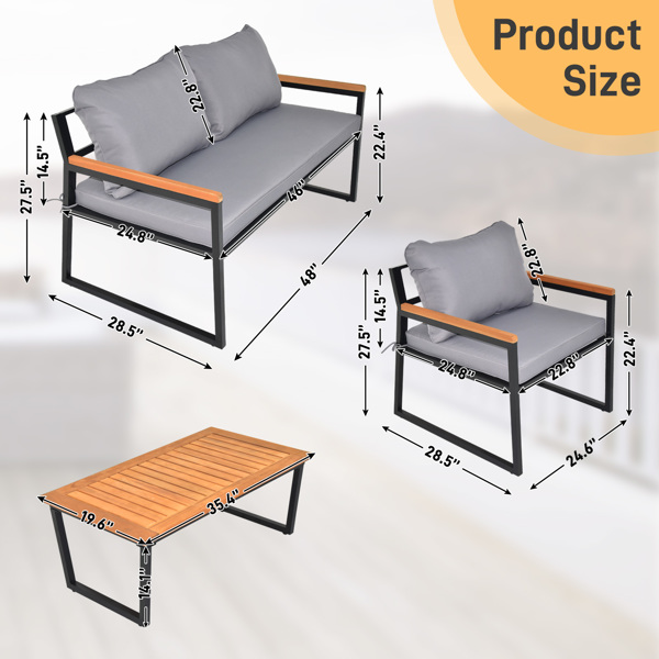 4 Piece Outdoor Patio Lounge Conversation Set, Metal Frame with Acacia Wood Armrest & Tabletop Furniture Set for Backyard Balcony Deck with Soft Cushions and Table