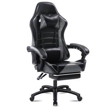 Game Chair, Adult Electronic Gaming Chair, Ergonomically Designed, PU Leather, Lounge Chair with Footstool and Waist Support, Office Chair, Gray
