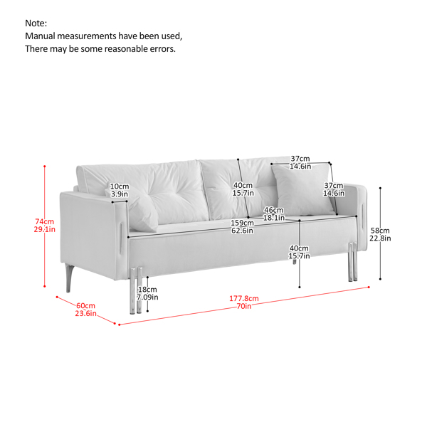 70" Velvet Sofa Couch Luxury Modern Upholstered 3-Seater sofa with 2 Pillows for Living Room, Apartment and Small Space 