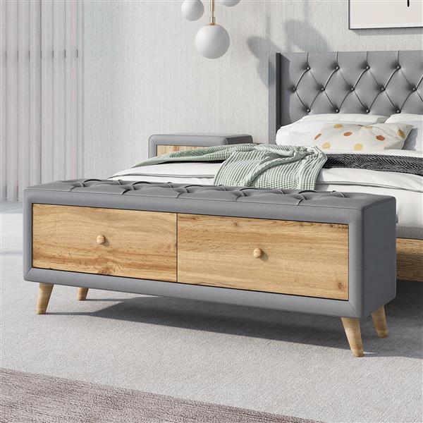 Upholstered Wooden Storage Bench with 2 Drawers For Bedroom,Fully Assembled Except Legs and Handles,Padded Seat with Rubber Wood Leg-Gray