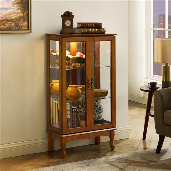 Curio Cabinet Lighted Curio Diapaly Cabinet with Adjustable Shelves and Mirrored Back Panel, Tempered Glass Doors (Oak, 3 Tier), (E26 light bulb not included)