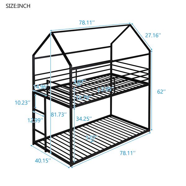 Bunk Beds for Kids Twin over Twin,House Bunk Bed Metal Bed Frame Built-in Ladder,No Box Spring Needed Black