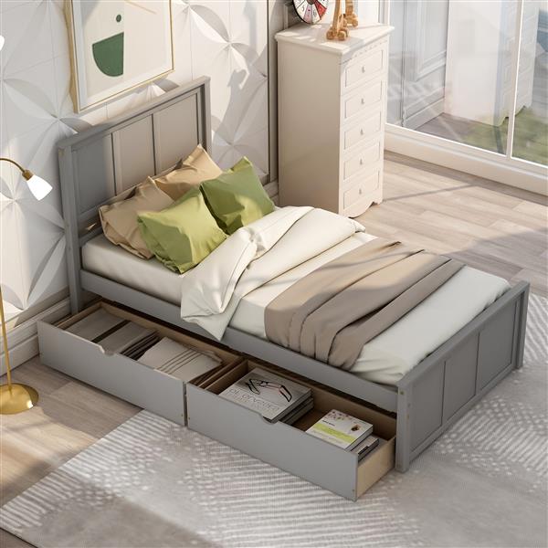 Platform Storage Bed, 2 drawers with wheels, Twin Size Frame, Gray