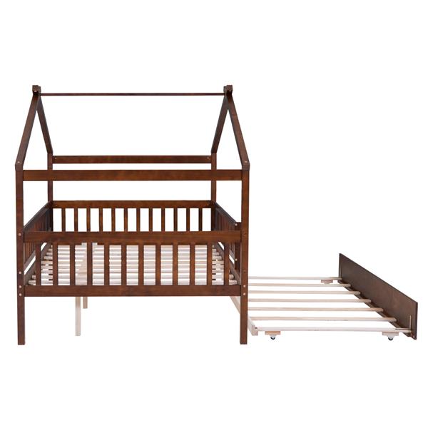 Full Size Wooden House Bed with Twin Size Trundle, Walnut