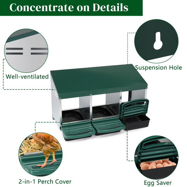 3 Compartment Roll Out Chicken Nesting Box with Plastic Basket, Egg Nest Box Chicken Laying Box Hens Chicken Coop Box, Green