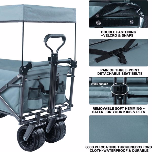 Collapsible Wagon Heavy Duty Folding Wagon Cart with Removable Canopy, 4" Wide Large All Terrain Wheels, Brake, Adjustable Handles,Cooler Bag Utility Carts for Outdoor Garden Wagons Carts Beach Cart