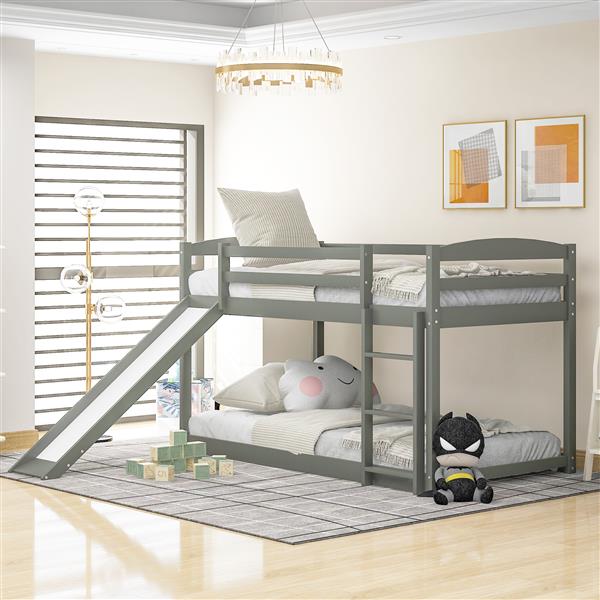 Twin over Twin Bunk Bed with Convertible Slide and Ladder , Gray