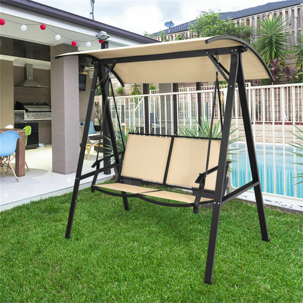 2 Seater Porch Swing with Canopy, Khaki Patio Swing 