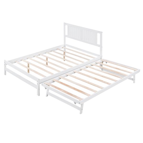 Full Size Platform Bed with Adjustable Trundle,White