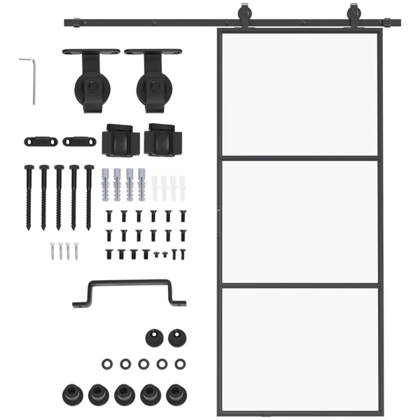 36"  x 84" Sliding bathroom Door with 6FT Hardware Kit and Handle, Industrial Frosted Tempered Glass Door with Carbon Steel