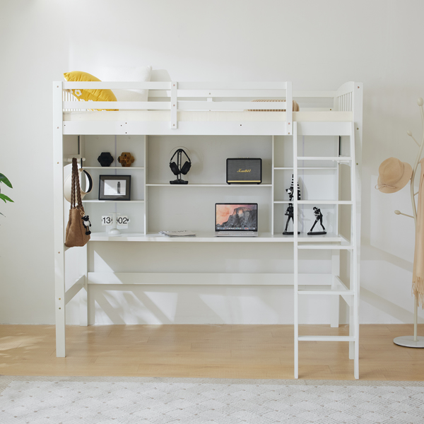 Loft bed with shelf with desk inclined ladder white twin wooden bed pine particle board N101 USA