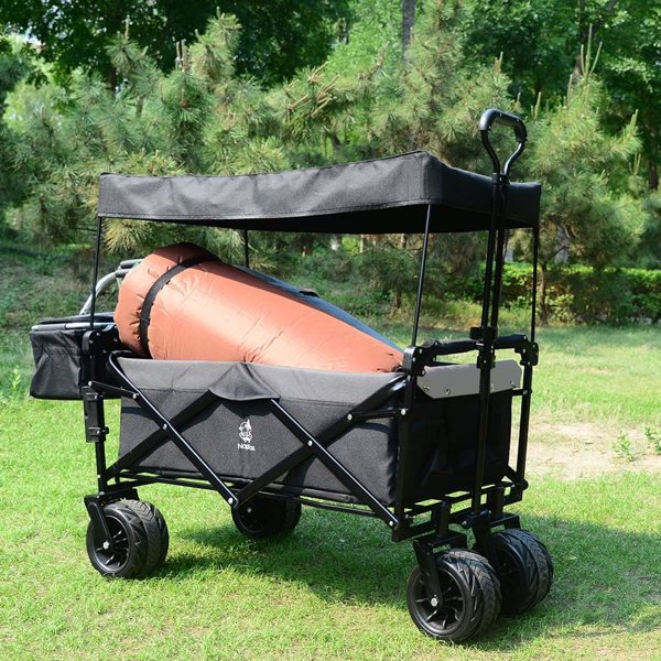 Collapsible Wagon Heavy Duty Folding Wagon Cart with Removable Canopy, 4" Wide Large All Terrain Wheels, Brake, Adjustable Handles,Cooler Bag Utility Carts for Outdoor Garden Wagons Carts Beach Cart