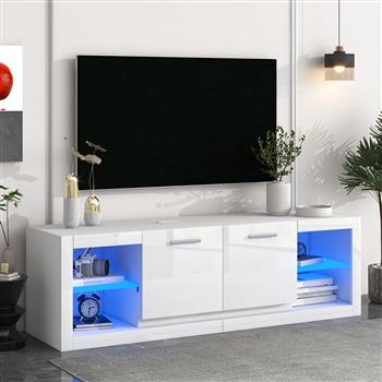 [VIDEO provided] Modern TV Stand with 2 Tempered Glass Shelves, High Gloss Entertainment Center for TVs Up to 70\\'\\', Elegant TV Cabinet with LED Color Changing Lights for Living Room, White