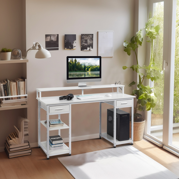 White wood grain particle board with non-woven fabric drawer 140*50*86cm multi-layer shelf computer desk with 2 USB power sockets and 2 power interface