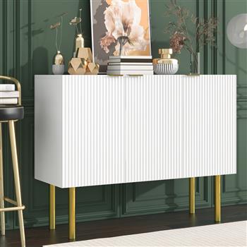 Modern Simple & Luxury Style Sideboard Particle Board & MDF Board Cabinet with Gold Metal Legs & Handles, Adjustable Shelves for Living Room, Dining Room (White)