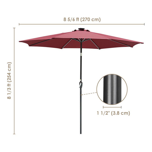 9 FT 8 ribs Outdoor Solar Patio Umbrella LED Table Umbrellas with LED Strip Lights & Hub Light, Aluminum Frame（No shipment on weekends）