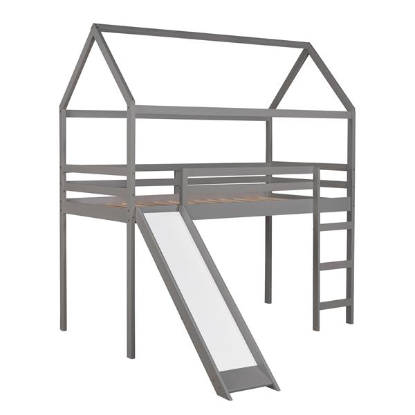 Twin Loft Bed with Slide, House Bed with Slide,Gray