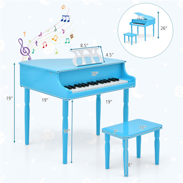 Blue Kids Piano 30-Key Wood Toy Kids Grand Piano with Bench and Music Rack